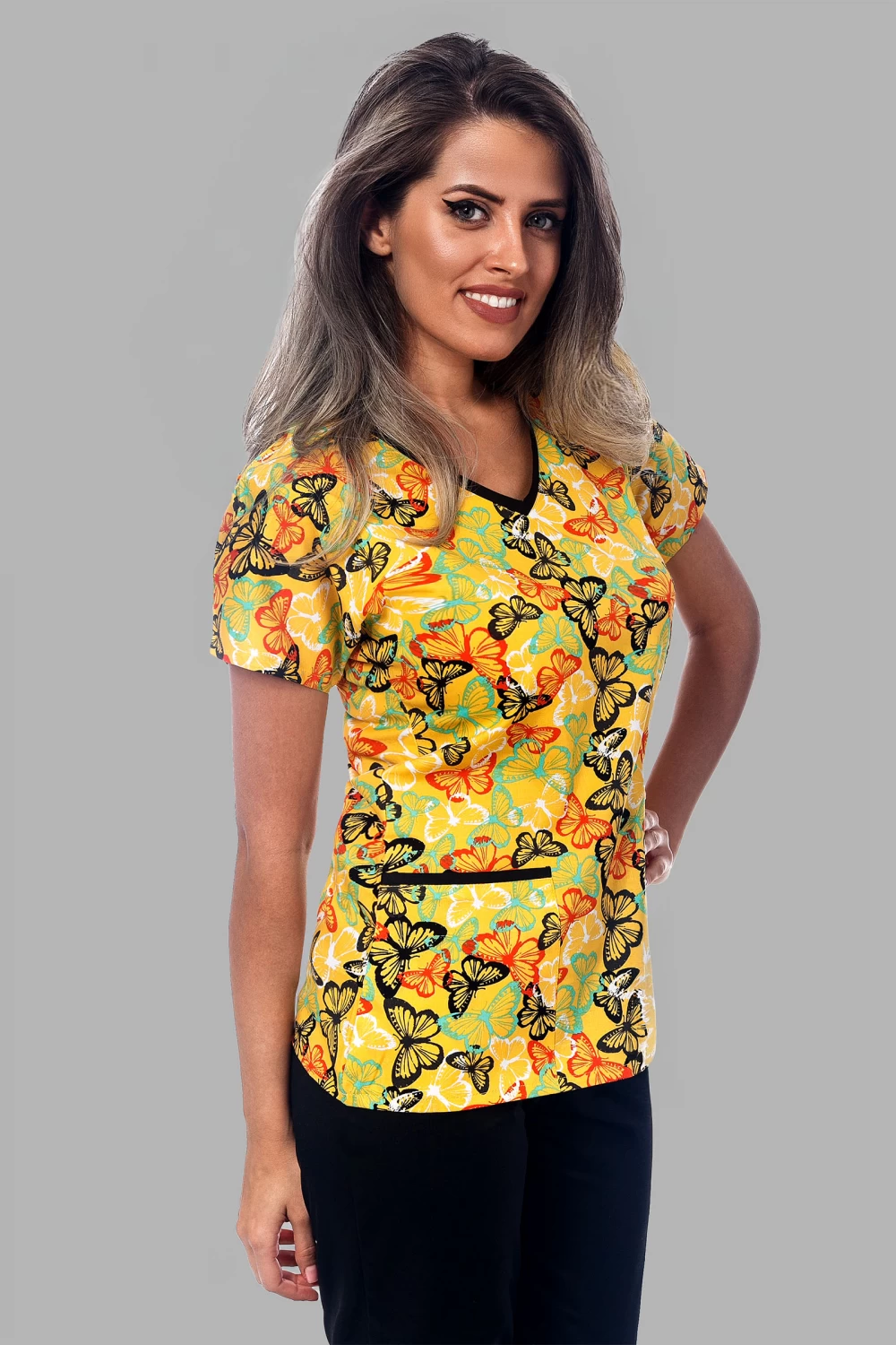 " Žuti Tropski leptirići " premium Cotton Stretch ™ bluza s ilustracijom